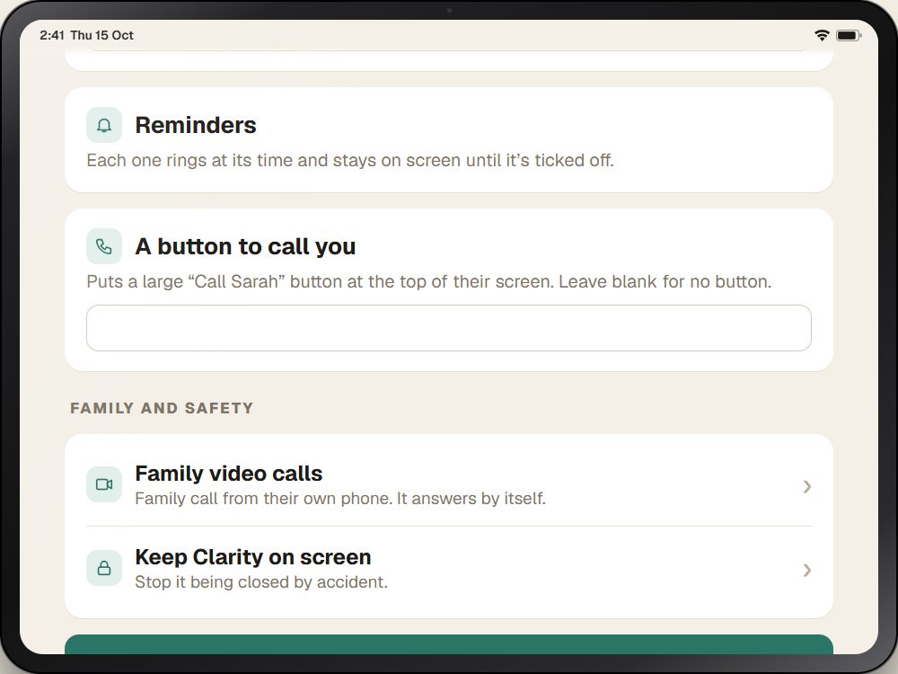 The Set up screen with Family video calls