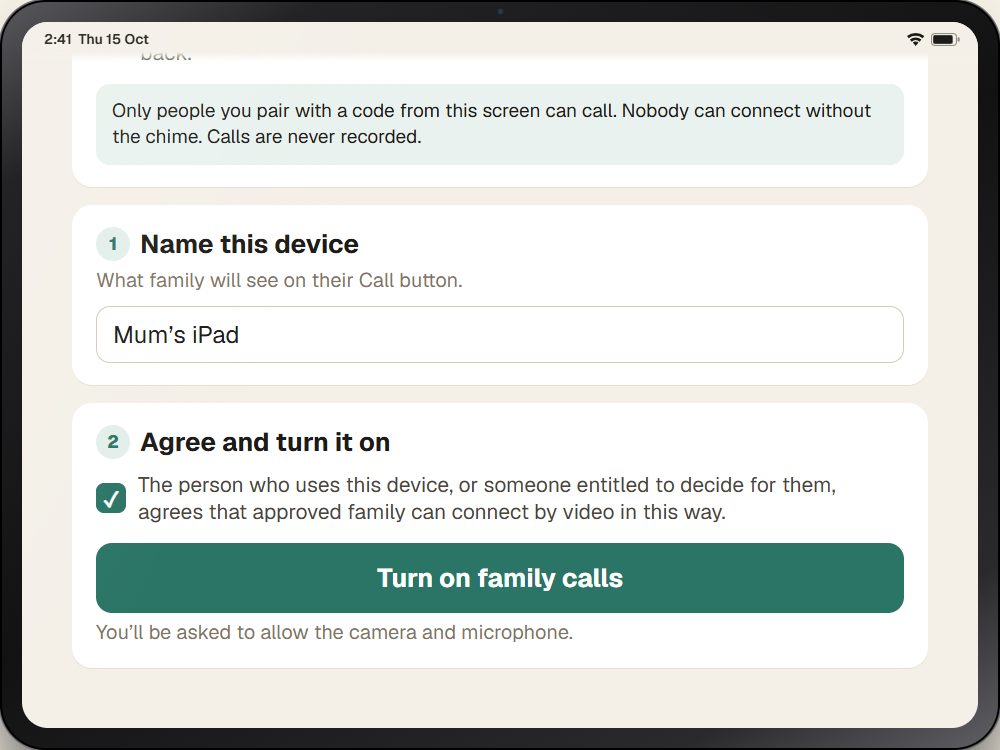 Naming the device, ticking to agree and Turn on family calls